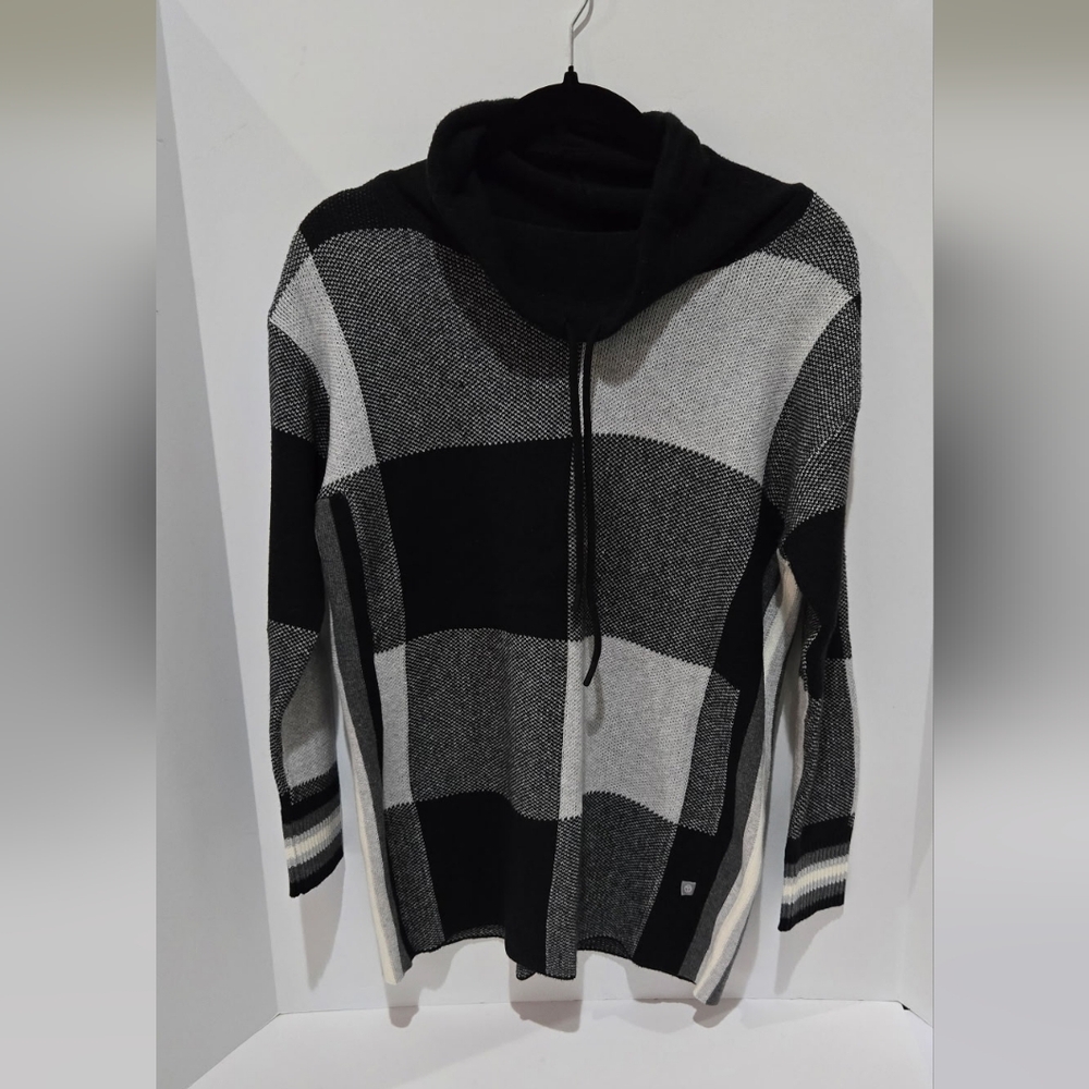 T by Talbots Buffalo Plaid Cowl Neck Tunic Sweater - Black/Gray - Size SP